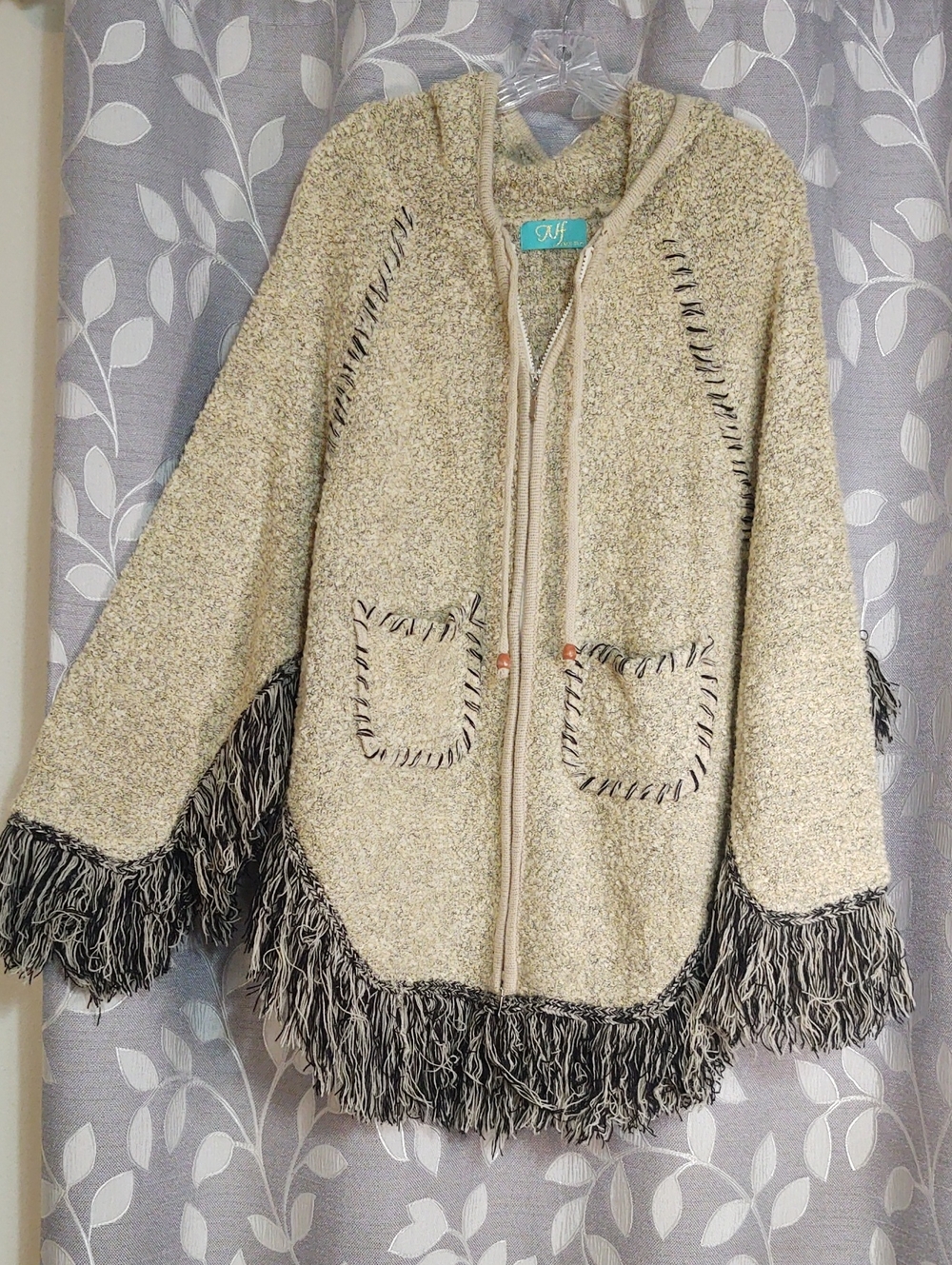 NF Cozy Fringe Hooded Poncho Cape Jacket - Taupe/Black size OS
